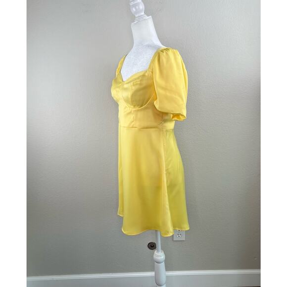 Something New Gloria Short Puff Sleeve Yellow Satin Mini Dress Medium NWT - Picture 8 of 13